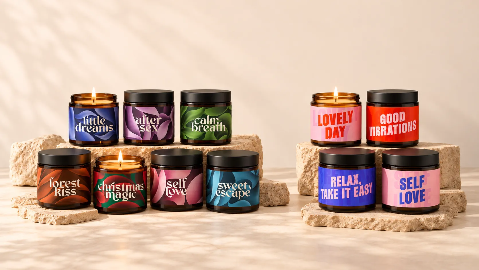 Kolekcia sviečok MileVeci: little dreams, calm breath, forest kiss, christmas magic, self love, sweet escape, good vibrations a ďalšie